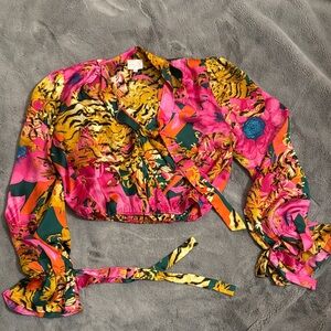 Vibrant Cropped Wrap Blouse with Tiger Print